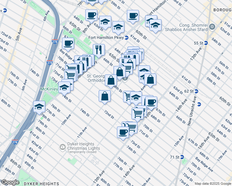 map of restaurants, bars, coffee shops, grocery stores, and more near 6913 11th Avenue in Brooklyn
