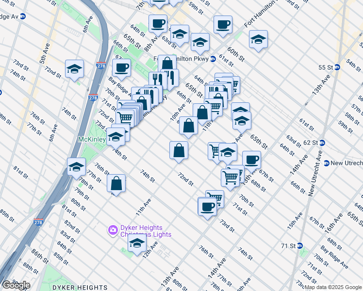 map of restaurants, bars, coffee shops, grocery stores, and more near 1053 71st Street in Brooklyn
