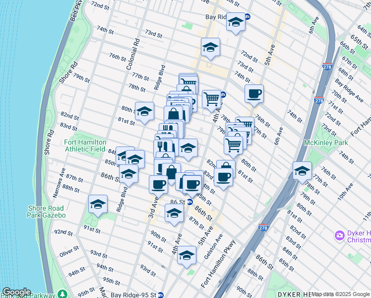 map of restaurants, bars, coffee shops, grocery stores, and more near 357 82nd Street in Brooklyn