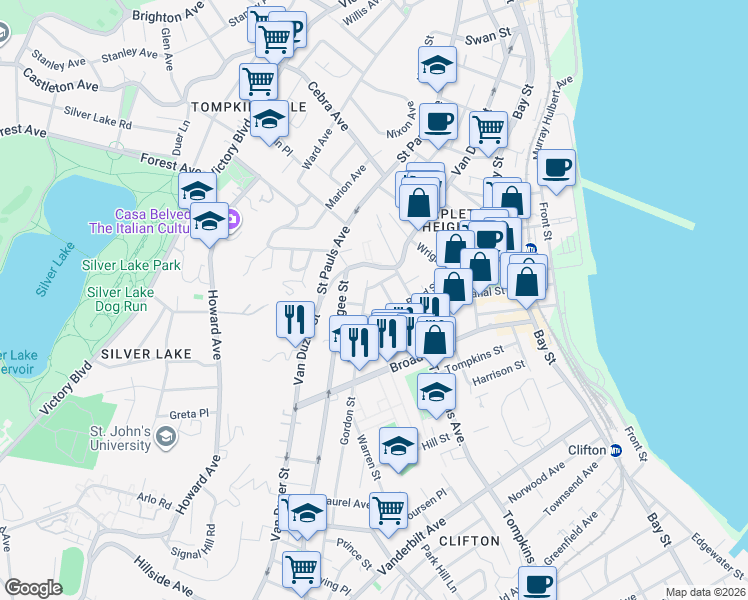 map of restaurants, bars, coffee shops, grocery stores, and more near 51 Gordon Street in Staten Island