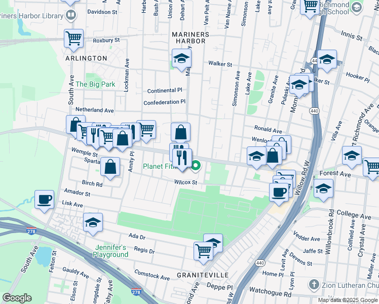 map of restaurants, bars, coffee shops, grocery stores, and more near in Staten Island
