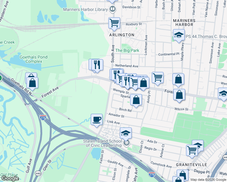 map of restaurants, bars, coffee shops, grocery stores, and more near 119 Spartan Avenue in Staten Island