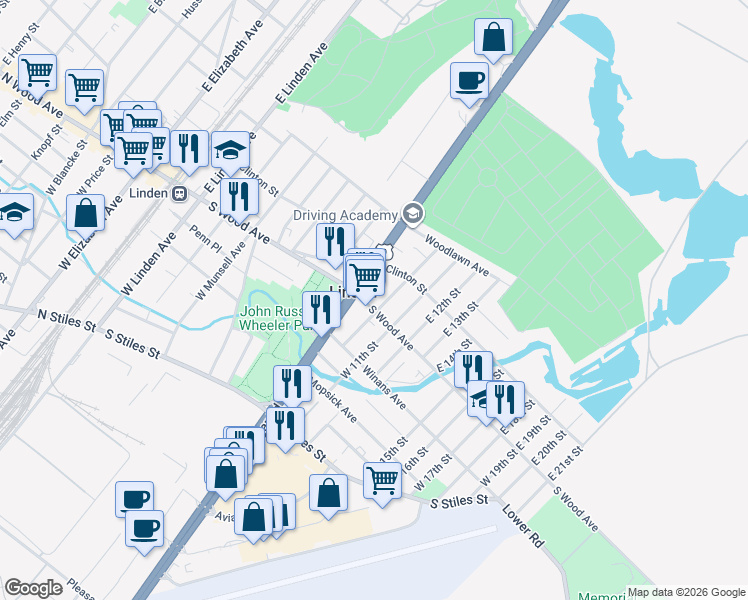 map of restaurants, bars, coffee shops, grocery stores, and more near 937 South Wood Avenue in Linden
