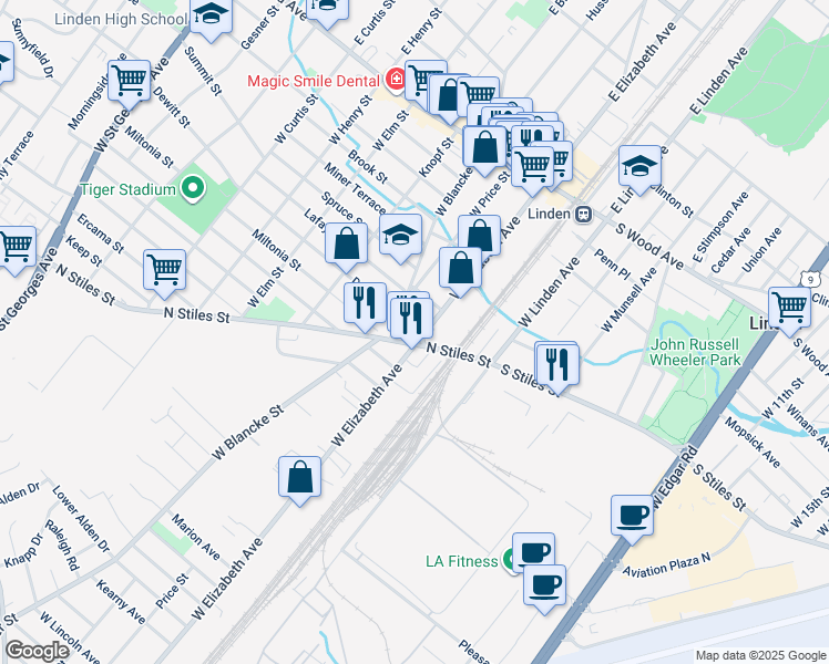 map of restaurants, bars, coffee shops, grocery stores, and more near 5 North Stiles Street in Linden