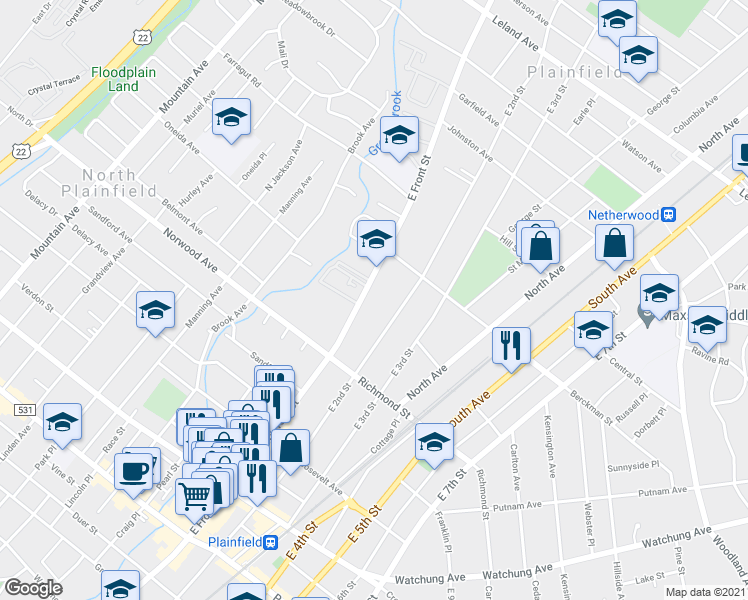 map of restaurants, bars, coffee shops, grocery stores, and more near 542 East Front Street in Plainfield