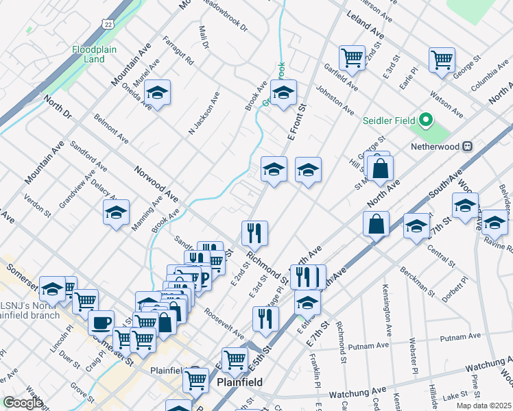map of restaurants, bars, coffee shops, grocery stores, and more near 542 East Front Street in Plainfield