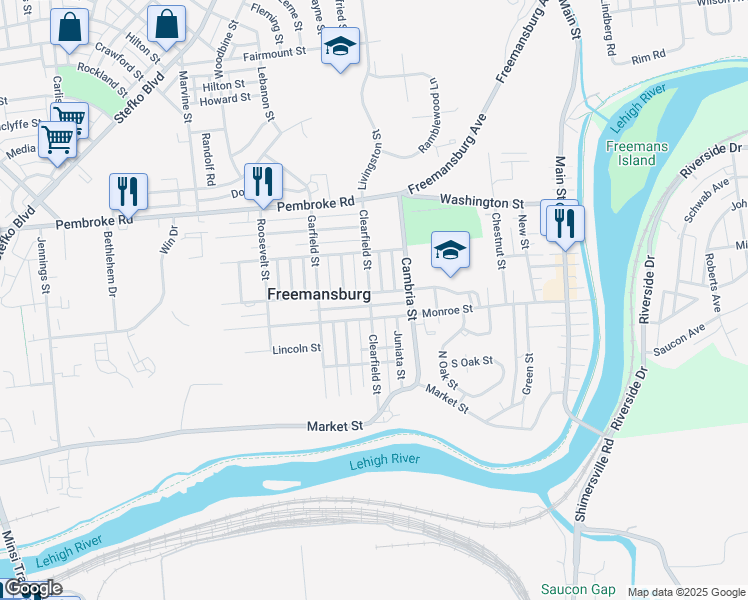 map of restaurants, bars, coffee shops, grocery stores, and more near 805 Monroe Street in Freemansburg