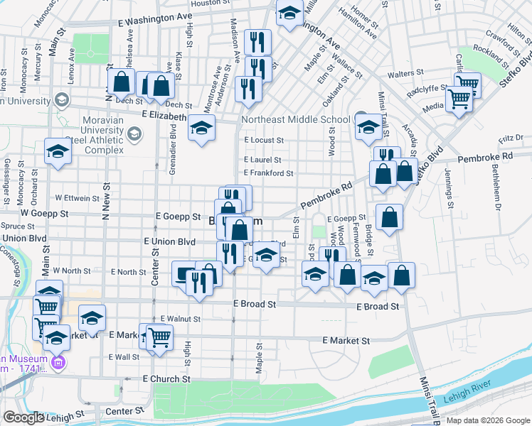 map of restaurants, bars, coffee shops, grocery stores, and more near in Bethlehem