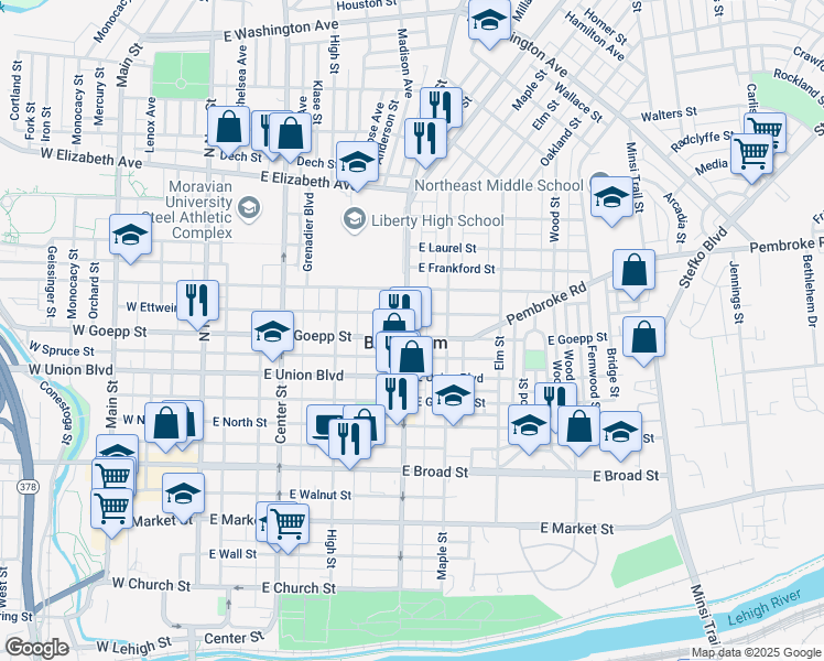 map of restaurants, bars, coffee shops, grocery stores, and more near 833 Linden Street in Bethlehem
