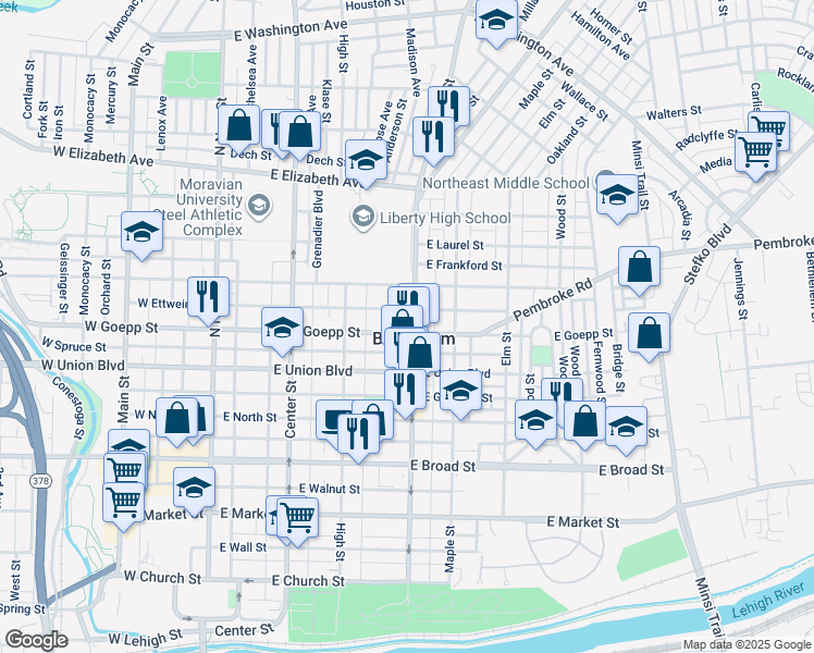 map of restaurants, bars, coffee shops, grocery stores, and more near in Bethlehem