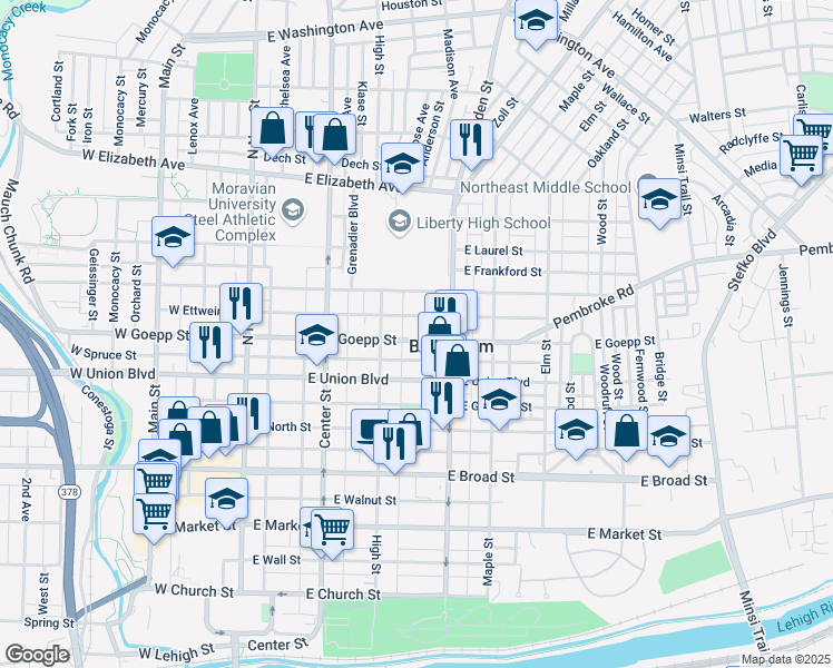 map of restaurants, bars, coffee shops, grocery stores, and more near 228 East Goepp Street in Bethlehem