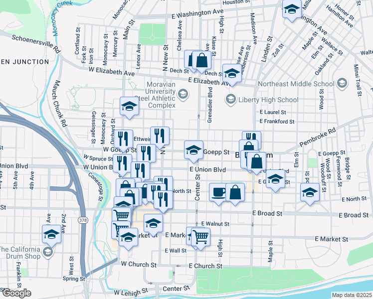 map of restaurants, bars, coffee shops, grocery stores, and more near 51 East Goepp Street in Bethlehem