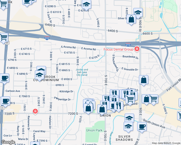 map of restaurants, bars, coffee shops, grocery stores, and more near 6874 South 595 East in Midvale
