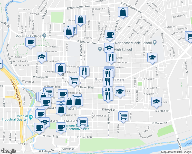 map of restaurants, bars, coffee shops, grocery stores, and more near 207 East Goepp Street in Bethlehem