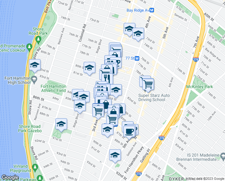 map of restaurants, bars, coffee shops, grocery stores, and more near 325 82nd Street in Brooklyn