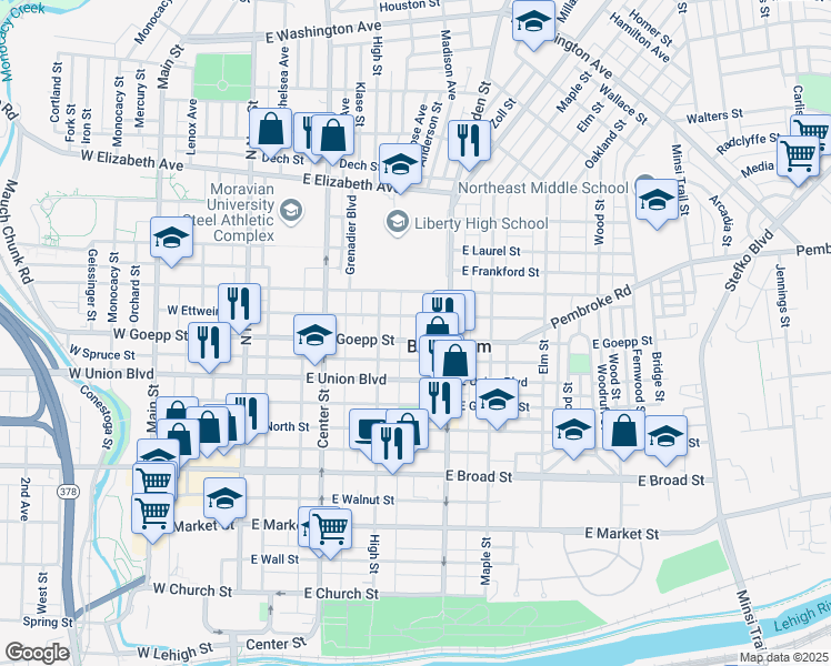 map of restaurants, bars, coffee shops, grocery stores, and more near 228 East Goepp Street in Bethlehem