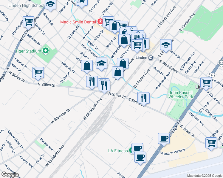 map of restaurants, bars, coffee shops, grocery stores, and more near 12 North Stiles Street in Linden