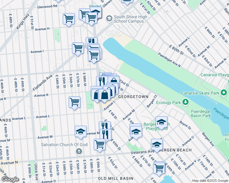 map of restaurants, bars, coffee shops, grocery stores, and more near 2155 Ralph Avenue in Brooklyn