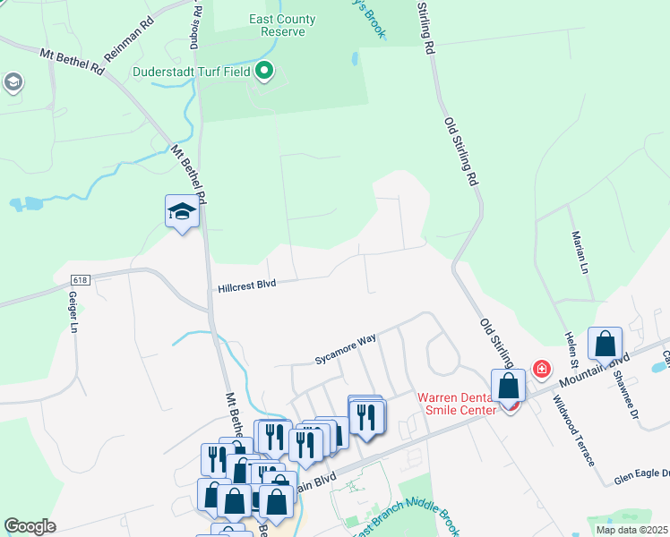 map of restaurants, bars, coffee shops, grocery stores, and more near 53 Hillcrest Boulevard in Warren