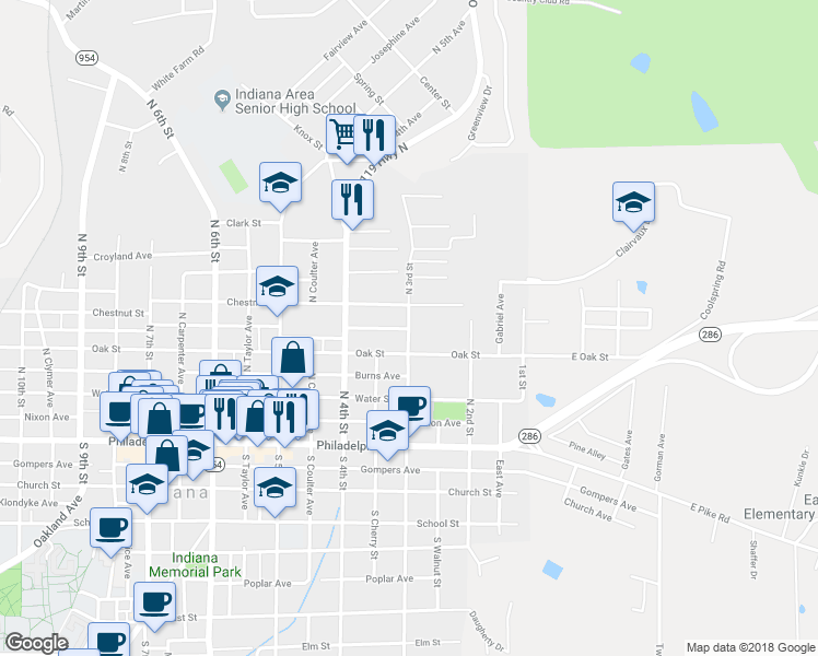 map of restaurants, bars, coffee shops, grocery stores, and more near 255 N 3rd St in Indiana