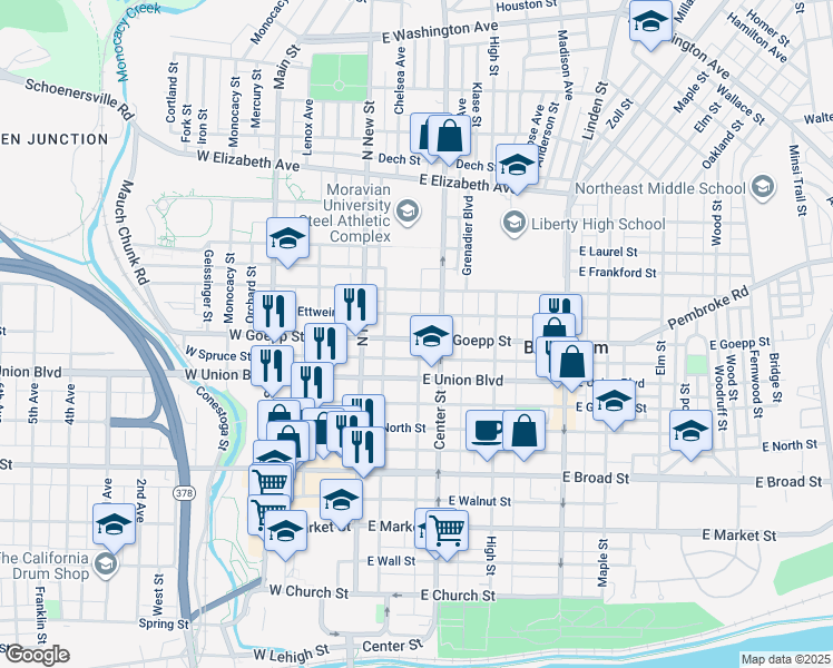 map of restaurants, bars, coffee shops, grocery stores, and more near 51 East Goepp Street in Bethlehem