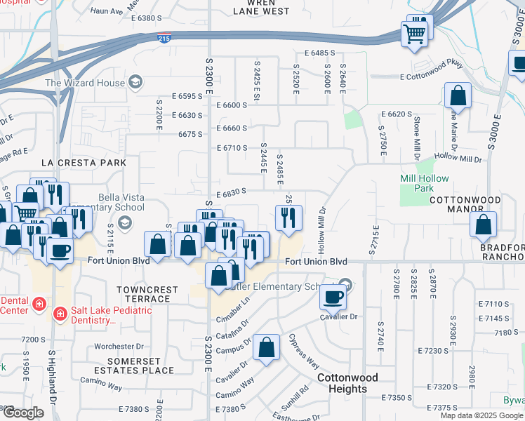 map of restaurants, bars, coffee shops, grocery stores, and more near 6876 Hillside Village Circle in Cottonwood Heights