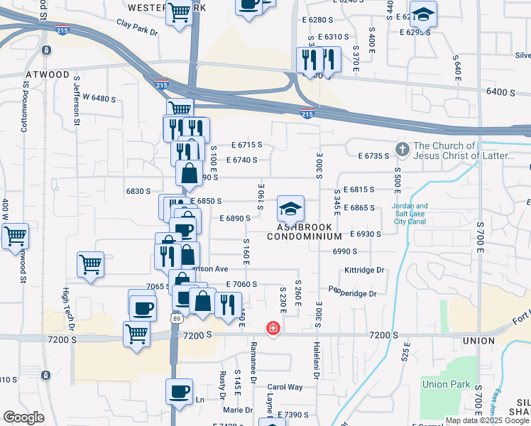 map of restaurants, bars, coffee shops, grocery stores, and more near 6891 South 190 East in Midvale