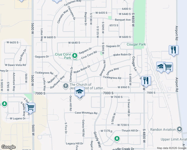 map of restaurants, bars, coffee shops, grocery stores, and more near 5171 Ticklegrass Road in West Jordan