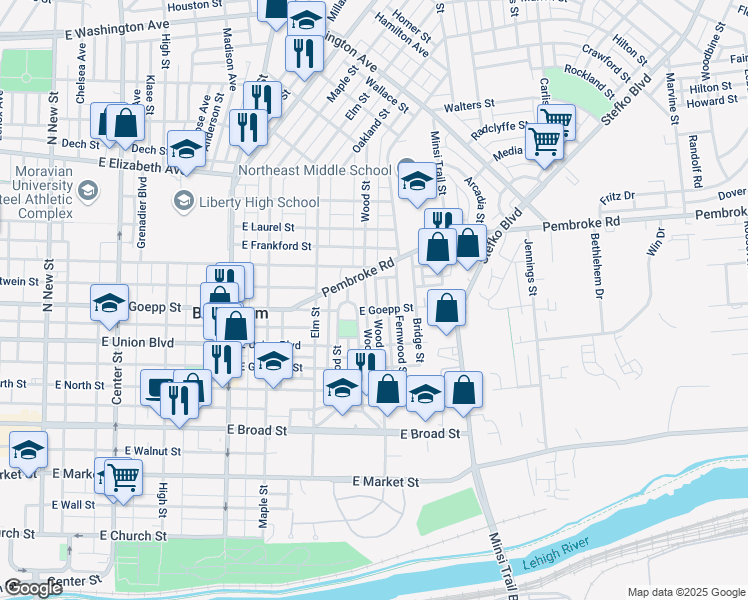 map of restaurants, bars, coffee shops, grocery stores, and more near 915 Wood Street in Bethlehem