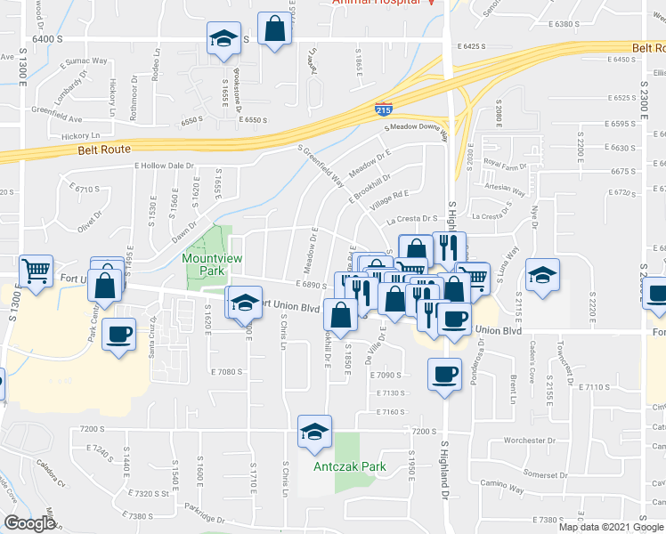 map of restaurants, bars, coffee shops, grocery stores, and more near 6869 Brookhill Drive East in Cottonwood Heights