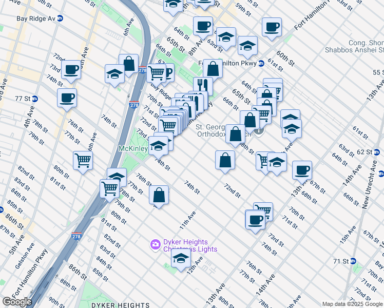 map of restaurants, bars, coffee shops, grocery stores, and more near 971 73rd Street in Brooklyn
