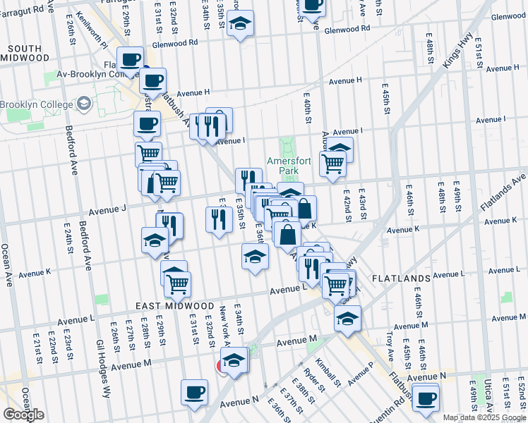 map of restaurants, bars, coffee shops, grocery stores, and more near 1012 East 36th Street in Brooklyn