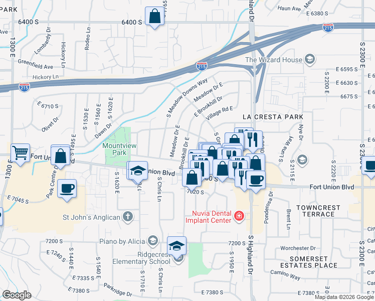 map of restaurants, bars, coffee shops, grocery stores, and more near 6869 Brookhill Drive East in Cottonwood Heights