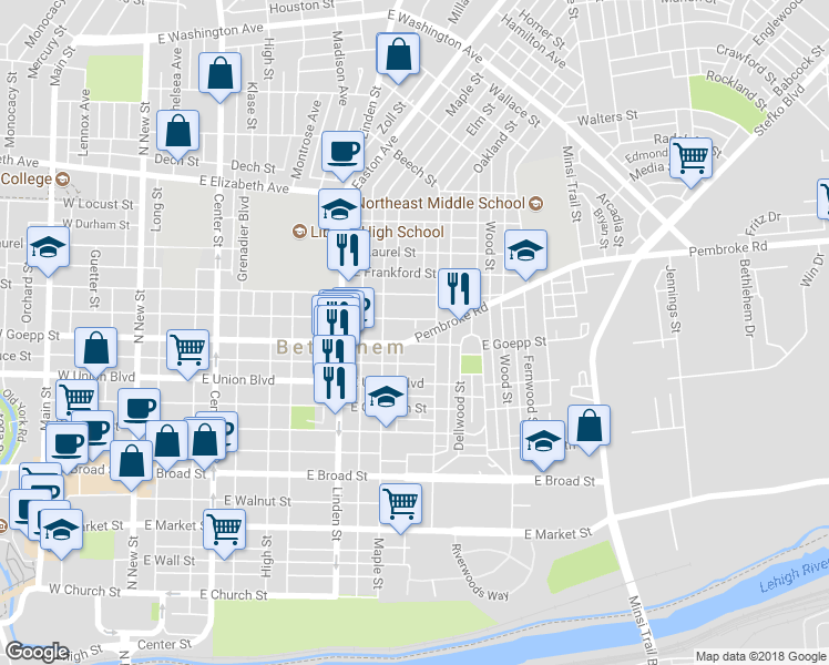 map of restaurants, bars, coffee shops, grocery stores, and more near 427 Pembroke Rd in Bethlehem