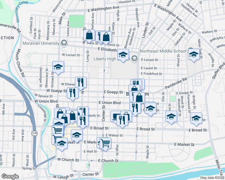 map of restaurants, bars, coffee shops, grocery stores, and more near 901 High Street in Bethlehem