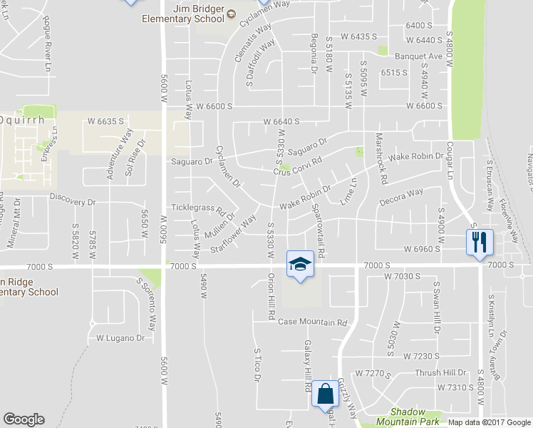 map of restaurants, bars, coffee shops, grocery stores, and more near 6890 Clernates Drive in West Jordan