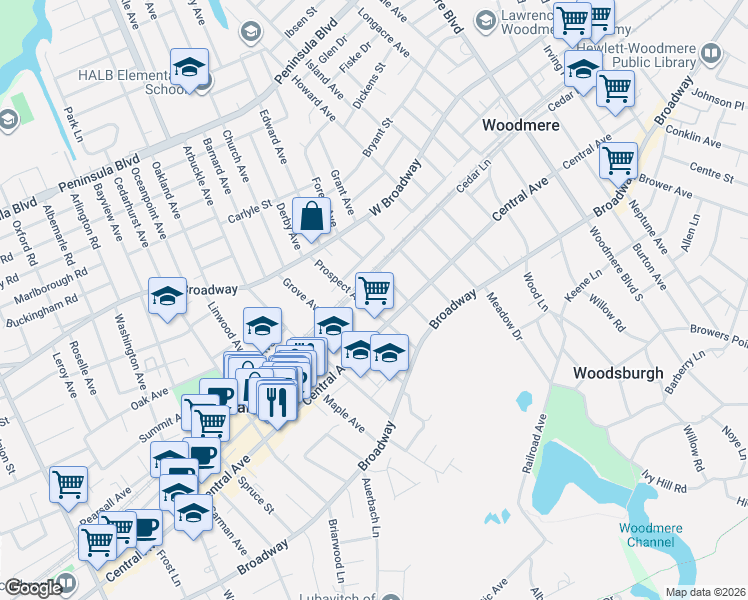 map of restaurants, bars, coffee shops, grocery stores, and more near 114 Prospect Avenue in Woodmere