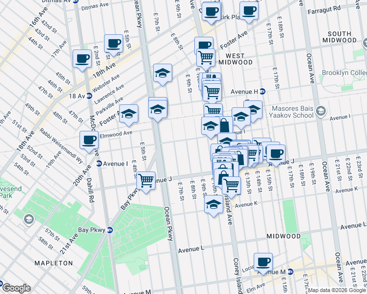 map of restaurants, bars, coffee shops, grocery stores, and more near 953 East 8th Street in Brooklyn