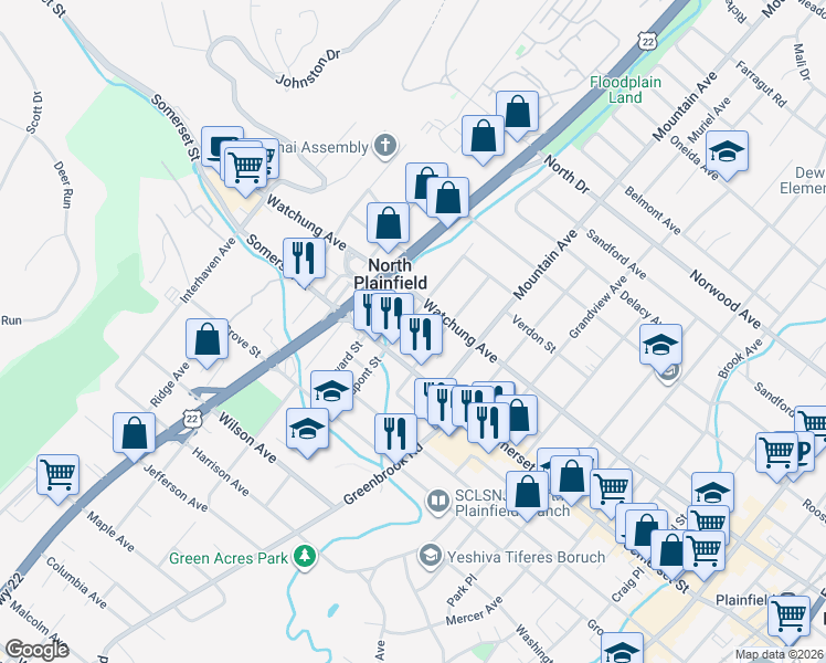 map of restaurants, bars, coffee shops, grocery stores, and more near 11 Regent Street in North Plainfield