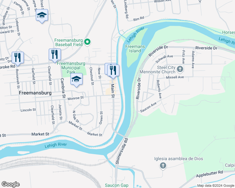 map of restaurants, bars, coffee shops, grocery stores, and more near 251 Main Street in Freemansburg