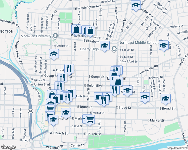 map of restaurants, bars, coffee shops, grocery stores, and more near 840 Center Street in Bethlehem