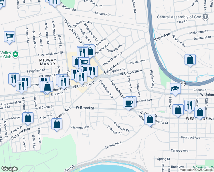 map of restaurants, bars, coffee shops, grocery stores, and more near 907 Cambridge Avenue in Bethlehem