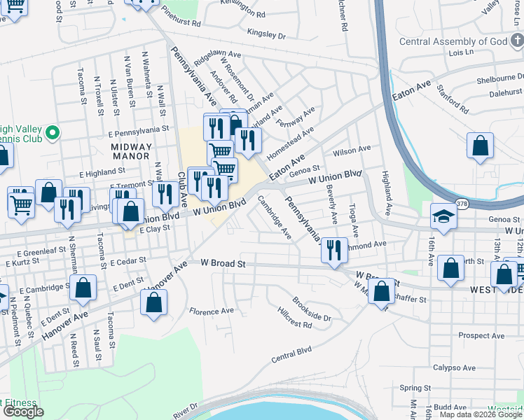 map of restaurants, bars, coffee shops, grocery stores, and more near 742 Keystone Avenue in Bethlehem