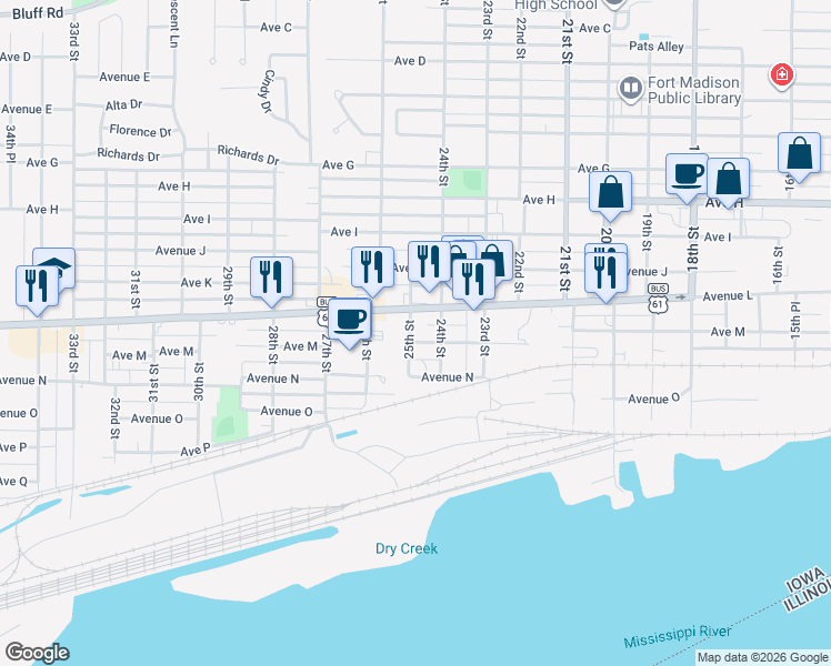 map of restaurants, bars, coffee shops, grocery stores, and more near 2420 Avenue M in Fort Madison