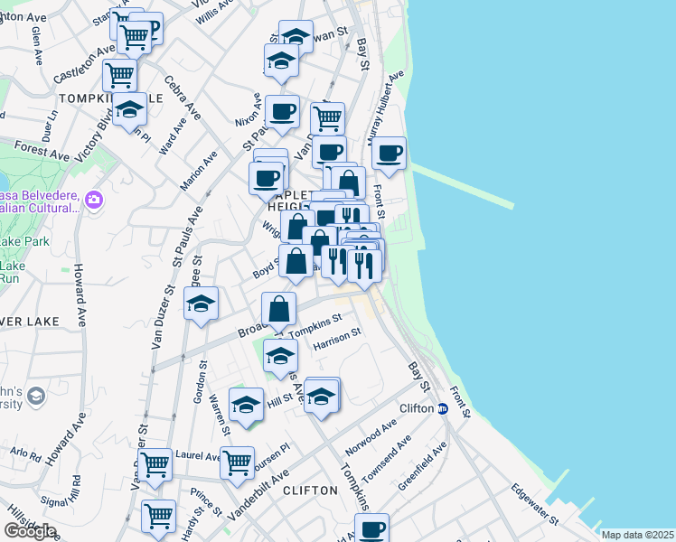 map of restaurants, bars, coffee shops, grocery stores, and more near 61 A Thompson Street in Staten Island