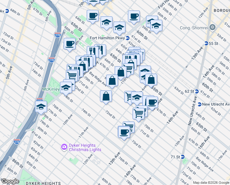 map of restaurants, bars, coffee shops, grocery stores, and more near Bay Ridge Avenue in Brooklyn
