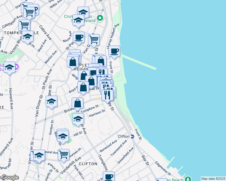 map of restaurants, bars, coffee shops, grocery stores, and more near 450c Front Street in Staten Island