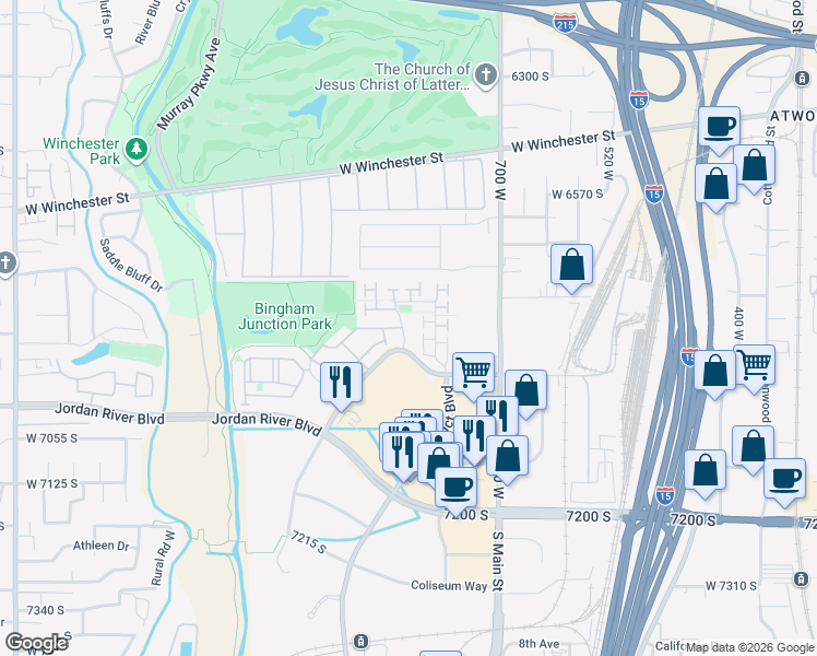 map of restaurants, bars, coffee shops, grocery stores, and more near 6891 Suzanne Drive in Midvale