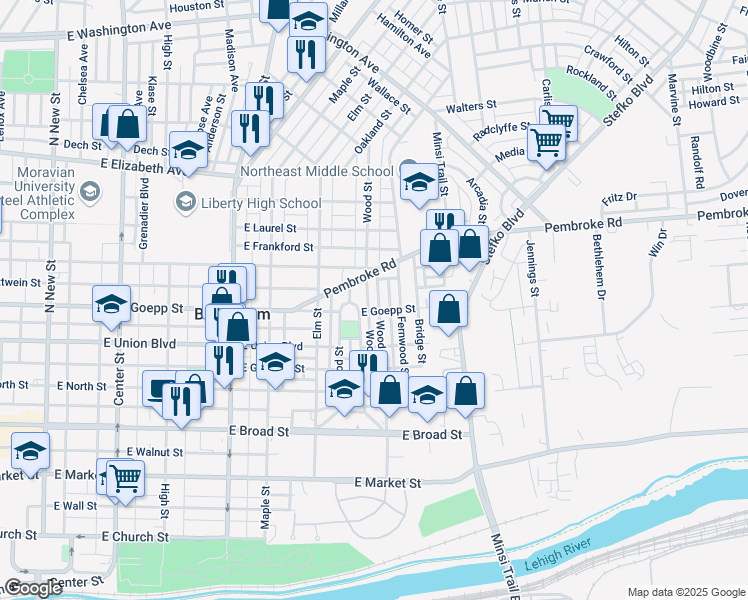 map of restaurants, bars, coffee shops, grocery stores, and more near 915 Wood Street in Bethlehem