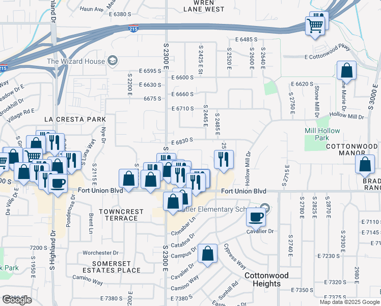map of restaurants, bars, coffee shops, grocery stores, and more near 2420 East 6895 South in Cottonwood Heights